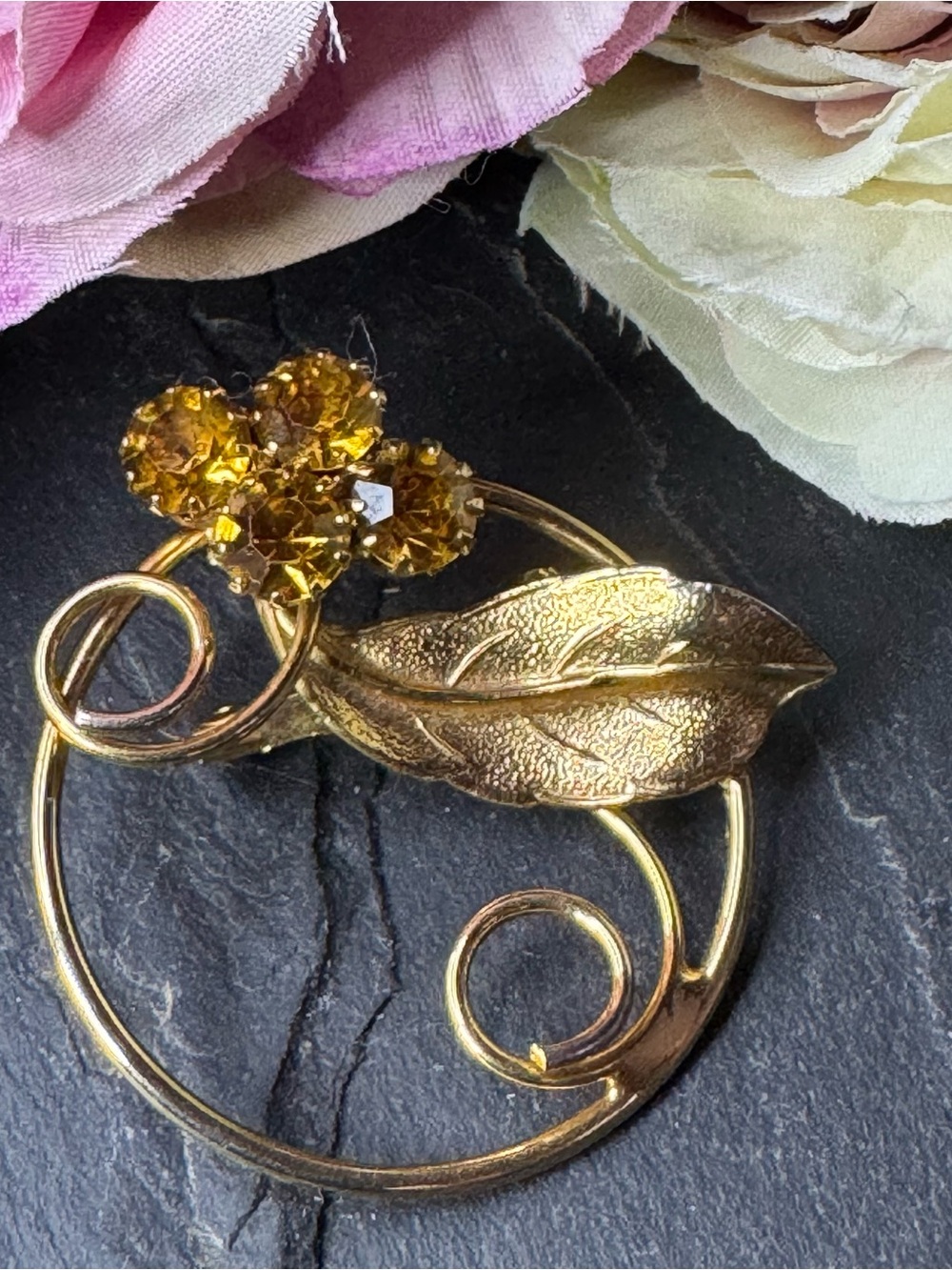 Vintage Gold-Tone Leaf Brooch with Amber Crystal Flowers